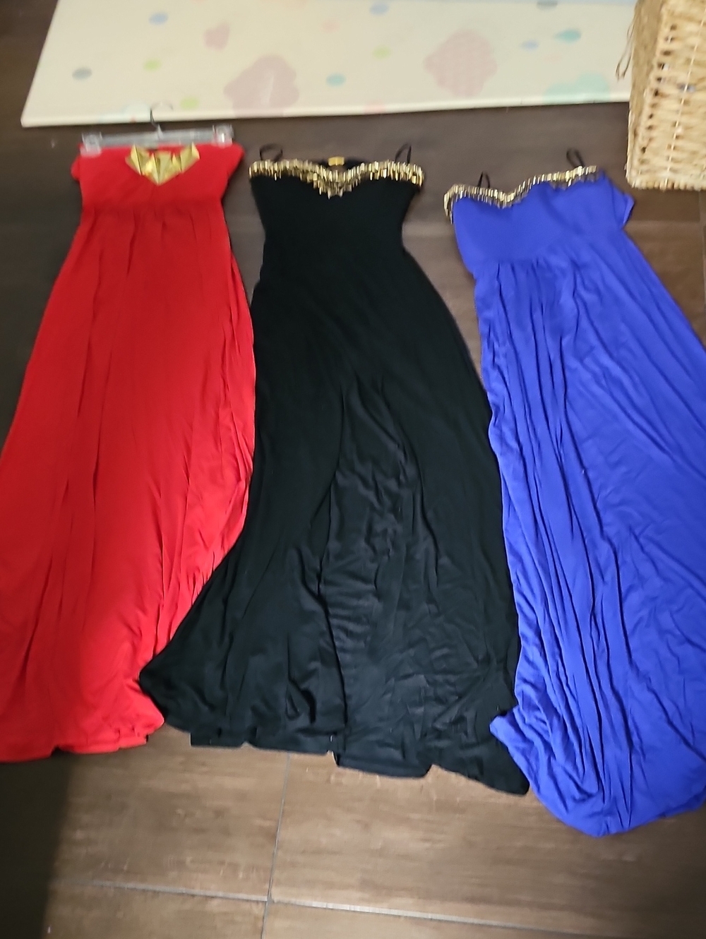 bebe Strapless Evening Gowns in Red, Black & Blue with Gold Trim